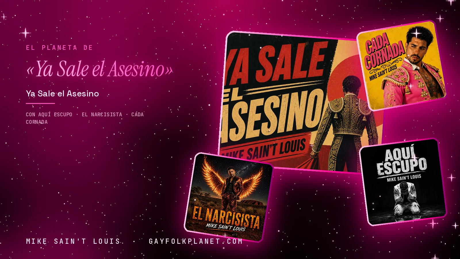Collage con un detalle de la carátula de «Ya Sale el Asesino» y las carátulas de «Aquí escupo», «El narcisista», «Cada cornada»