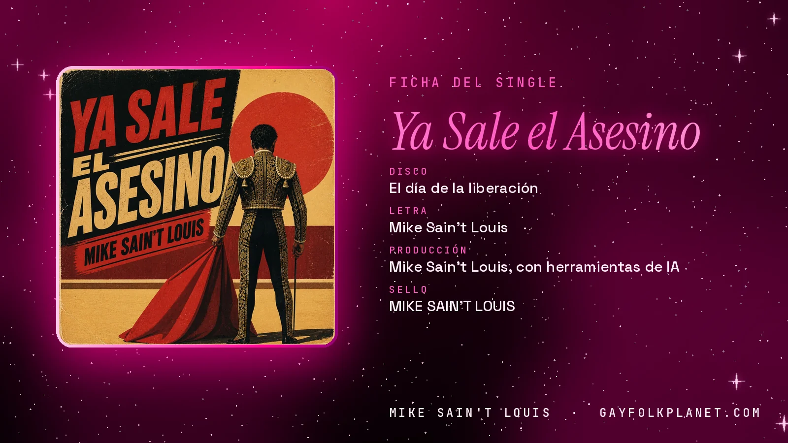 Ficha de la canción «Ya Sale el Asesino» con su carátula: disco «El día de la liberación», letra y producción de Mike Sain't Louis