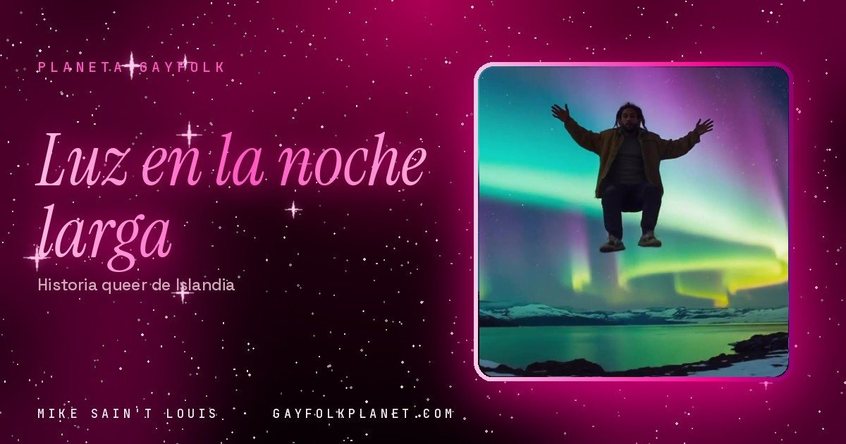 Fotograma del videoclip de «The Northern Lights», de Mike Sain't Louis: un hombre con los brazos abiertos parece flotar sobre un lago helado bajo una aurora boreal verde y violeta, en la portada de «Luz en la noche larga»