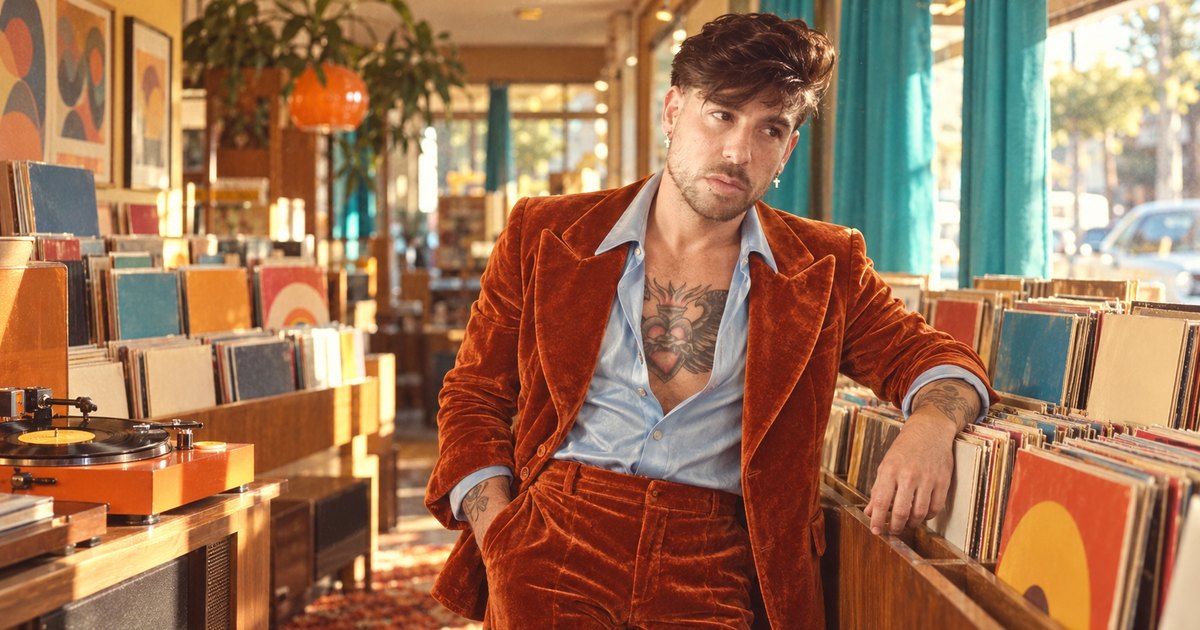 Mike Sain't Louis con traje de terciopelo teja y camisa azul en una tienda de discos de vinilo