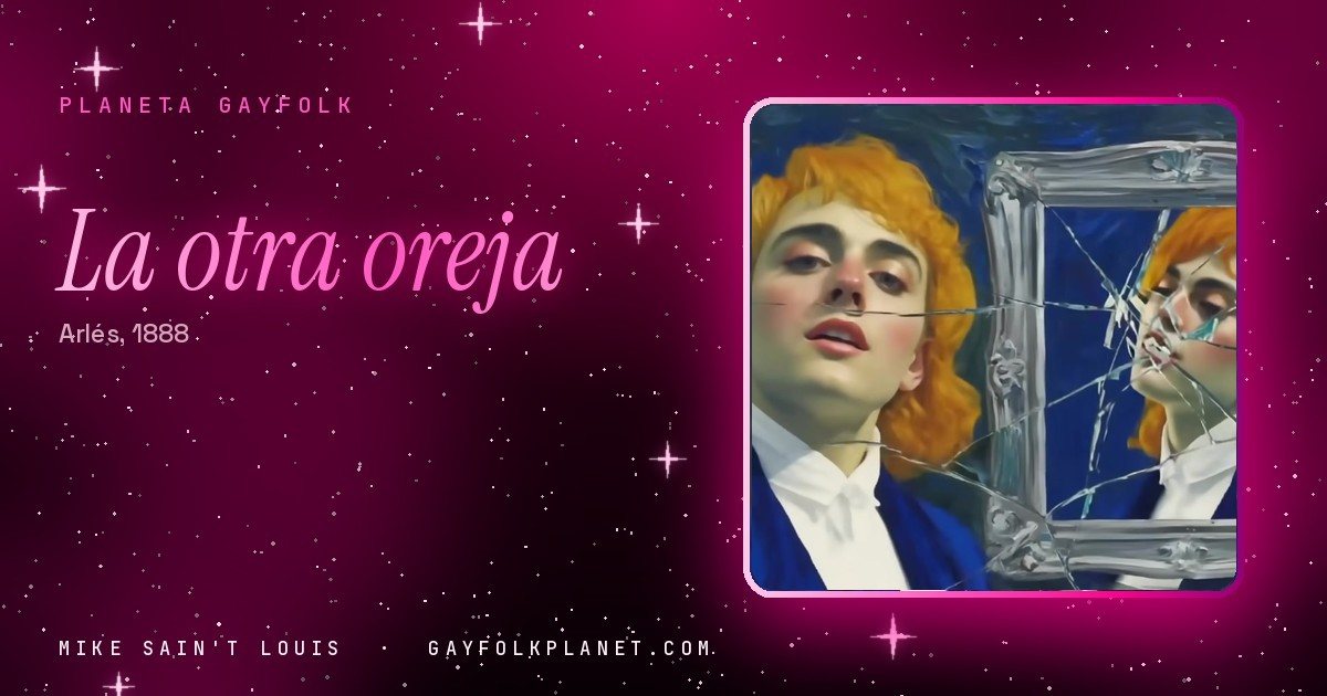 Fotograma del videoclip de «Ya no nos gusta La Oreja de Van Gogh»: un retrato al estilo de Van Gogh de un joven pelirrojo junto a un espejo roto con su reflejo