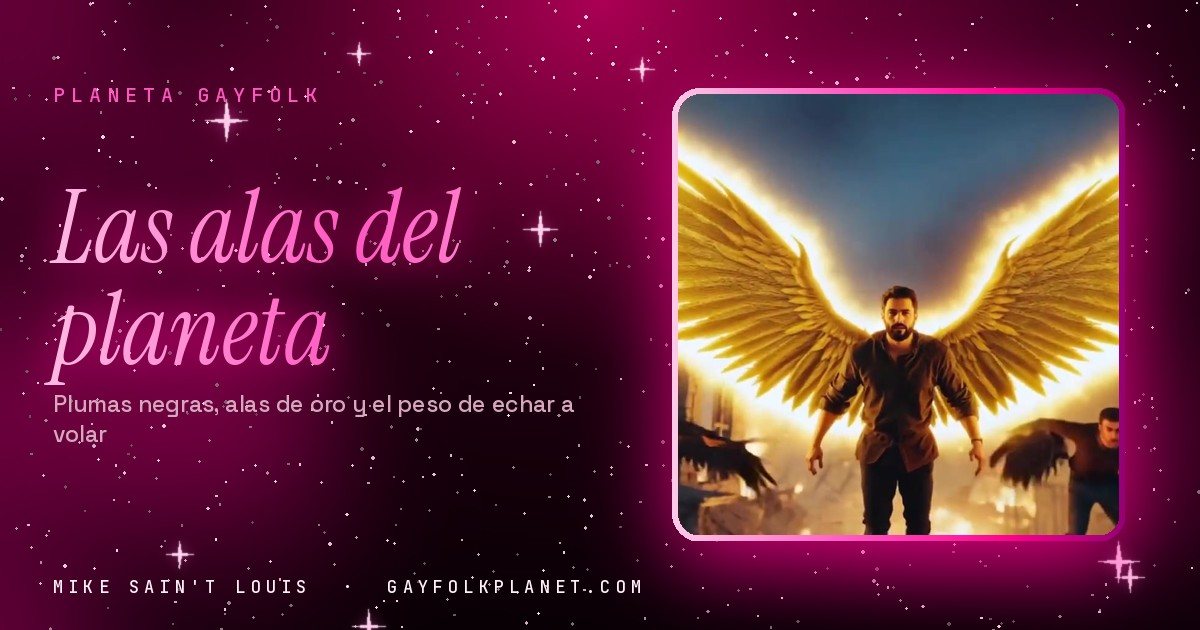 Fotograma de «Goodbye»: un hombre avanza entre ruinas en llamas con unas enormes alas doradas encendidas a la espalda, seguido por otros con alas negras
