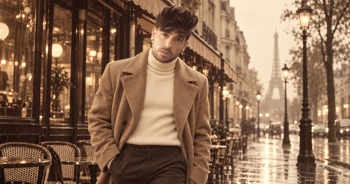 Mike Sain't Louis con abrigo camel y jersey de cuello alto en una calle mojada de París con la torre Eiffel al fondo