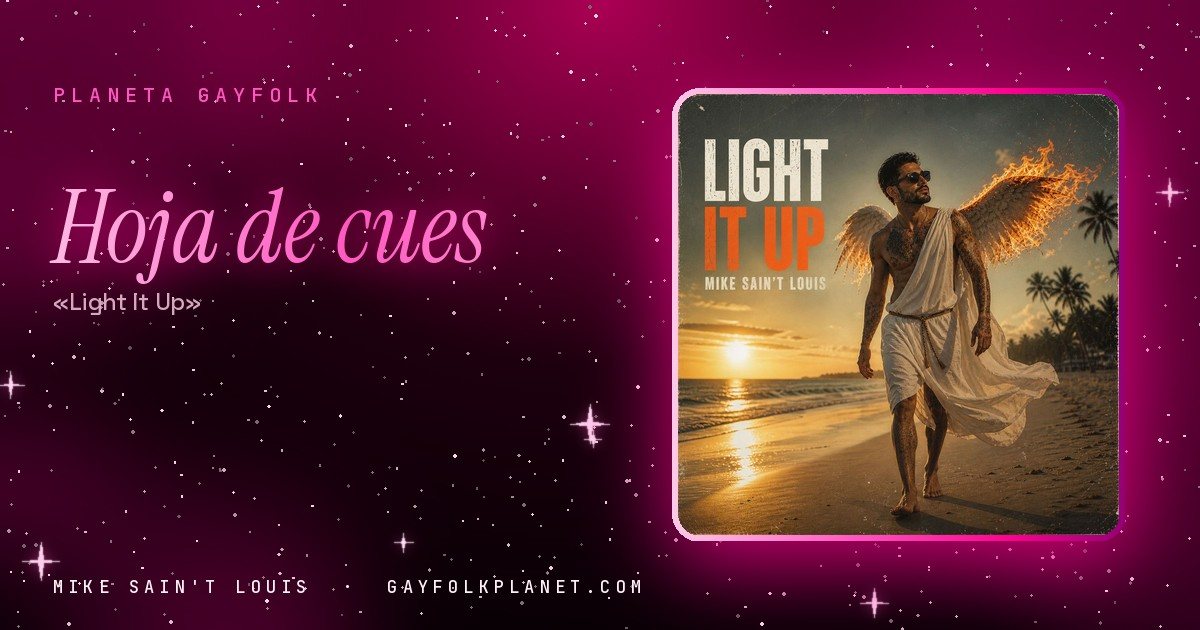 Portada de «Light It Up», canción de Mike Sain't Louis: en una playa al atardecer, un hombre descalzo con túnica blanca, gafas de sol y unas grandes alas que arden por las puntas camina por la orilla, con el sol hundiéndose en el mar y palmeras al fondo
