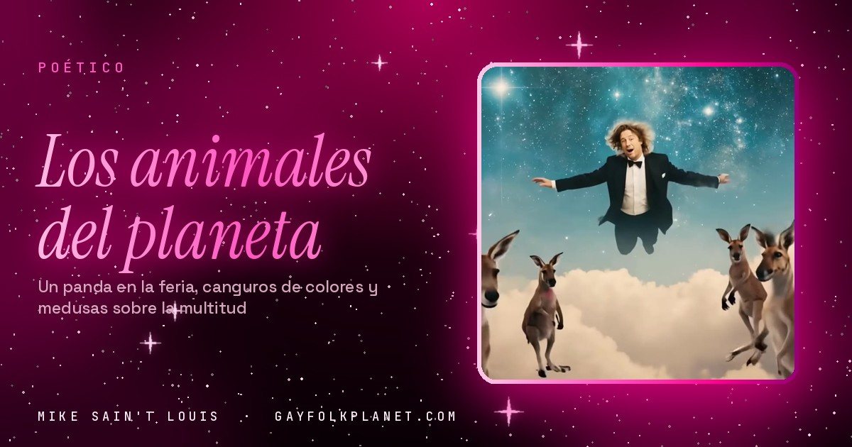 Fotograma de «Canguros»: un hombre de esmoquin y pelo rizado flota con los brazos abiertos en un cielo estrellado, sobre un mar de nubes blancas lleno de canguros que le miran