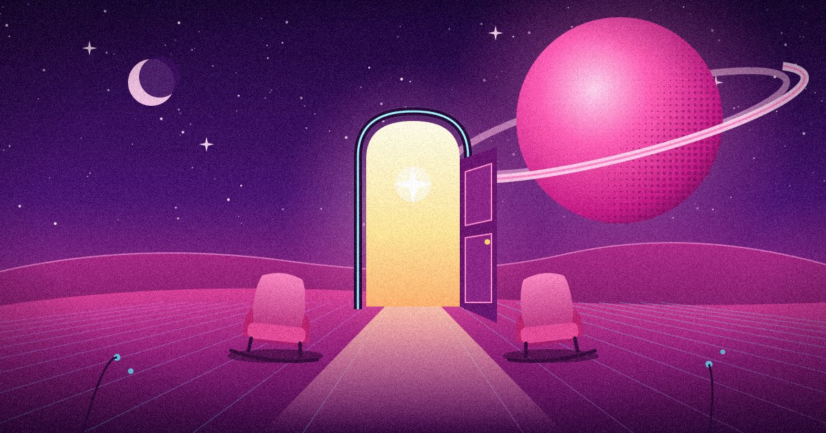 Ilustración: una puerta en arco abierta y llena de luz dorada sobre un planeta rosa, con un camino de luz que baja hacia el espectador, dos mecedoras rosas vacías a cada lado mirando a la puerta, un gran planeta fucsia con anillo y una luna creciente en un cielo violeta estrellado, y una cuadrícula de neón en el suelo