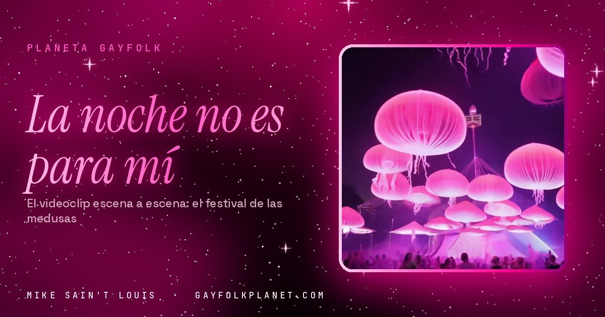 Fotograma de «La noche no es para mí»: medusas gigantes de color rosa, iluminadas por dentro, flotan de noche sobre las carpas de un festival y una línea de cabezas oscuras