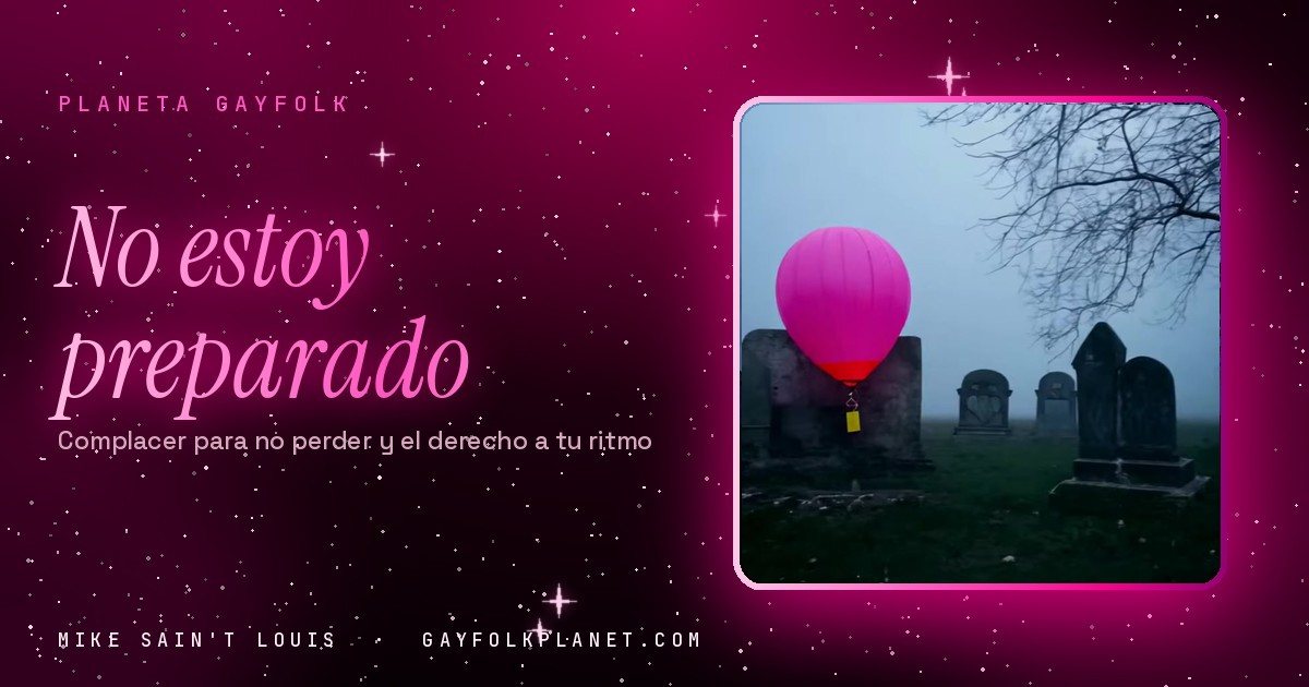 Fotograma del videoclip de «Scott Bonehill», de Mike Sain't Louis: un globo aerostático rosa flota entre lápidas en un cementerio con niebla