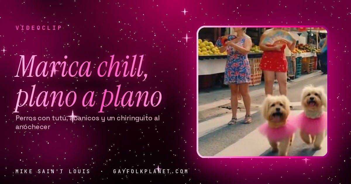 Fotograma recortado del videoclip de «Marica chill»: dos perritos de pelo color miel con tutú rosa cruzan un paso de cebra junto a las piernas de dos señoras, con puestos de fruta al fondo