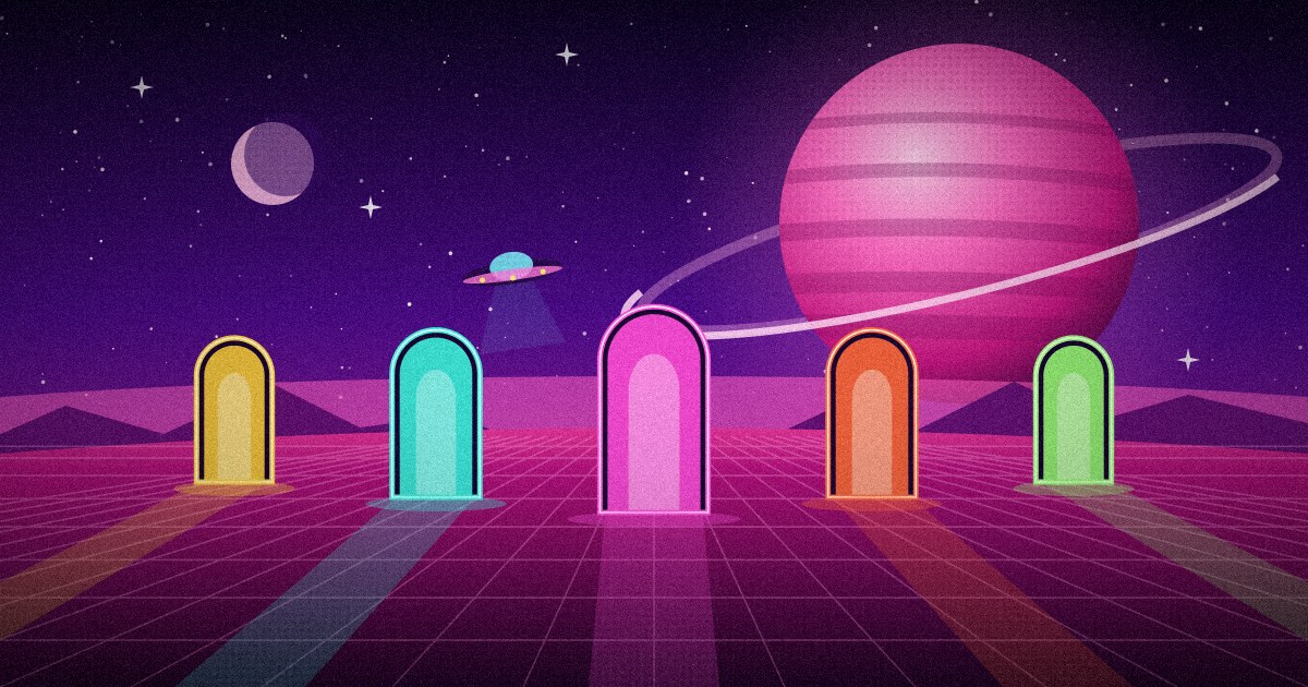 Ilustración: cinco puertas en arco de neón (amarilla, turquesa, fucsia, naranja y verde) alineadas sobre la superficie cuadriculada de un planeta rosa, cada una proyectando un haz de luz de su color hacia delante, bajo un cielo violeta con estrellas, una luna creciente, un platillo volante y un gran planeta rosa con anillo