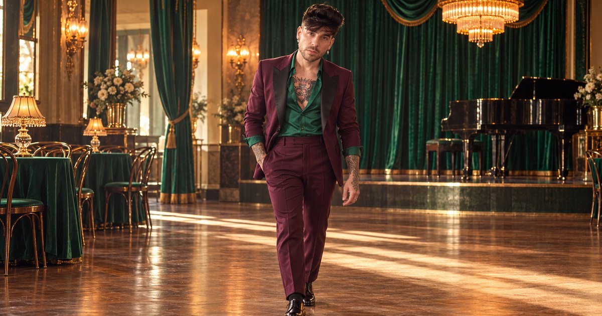 Mike Sain't Louis con traje morado caminando por la pista de un salón de baile con piano de cola y telón verde