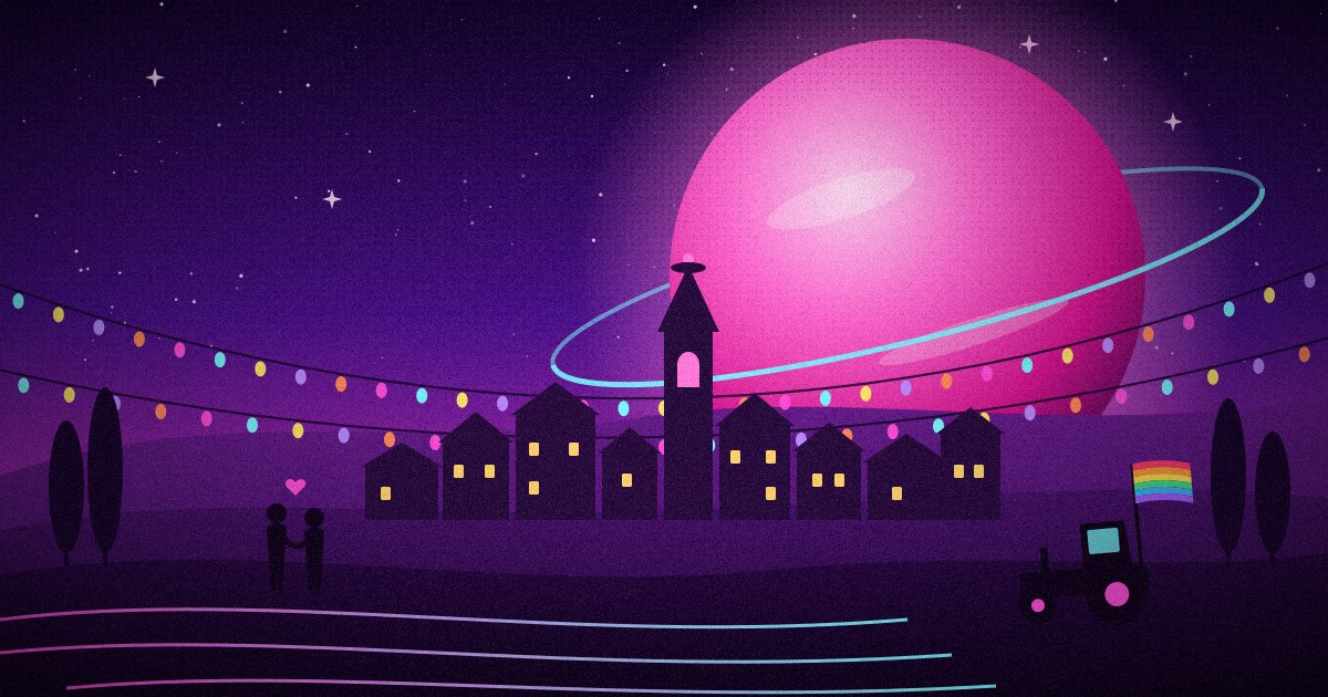 Ilustración: un pueblo en silueta con campanario y ventanas encendidas bajo un enorme planeta rosa con anillo de neón turquesa, guirnaldas de bombillas de colores cruzando un cielo violeta estrellado, una pareja cogida de la mano bajo un corazón rosa, chopos y un tractor con una bandera arcoíris sobre surcos de neón