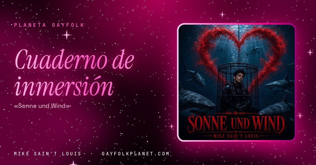 Portada de «Sonne und Wind», canción de Mike Sain't Louis: bajo el mar, un hombre con traje de neopreno, arnés y una cruz al cuello está sentado con los ojos cerrados dentro de una jaula cilíndrica que cuelga de una cadena, rodeado de tiburones, mientras sobre él flota un gran corazón rojo hecho de partículas; el título va en letras rojas de estilo gótico