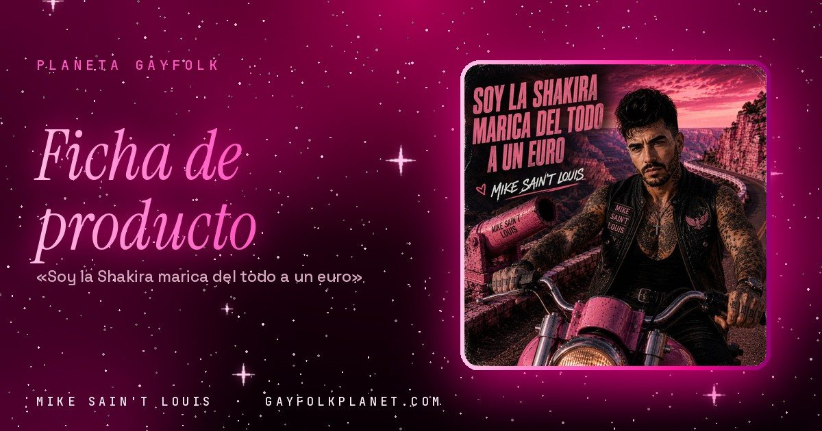 Portada de «Soy la Shakira marica del todo a un euro», canción de Mike Sain't Louis: un motero con chaleco de cuero negro, tatuajes hasta los dedos y una cruz al cuello sobre una moto rosa, junto a un cañón rosa con su nombre, en una carretera de cañón al atardecer teñida de fucsia