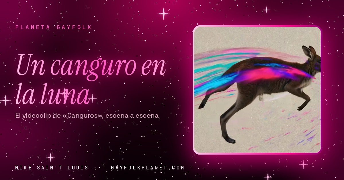 Fotograma del videoclip de «Canguros»: un canguro de perfil en pleno salto sobre un fondo color arena, con una estela de pintura rosa, azul y violeta que le sale del lomo