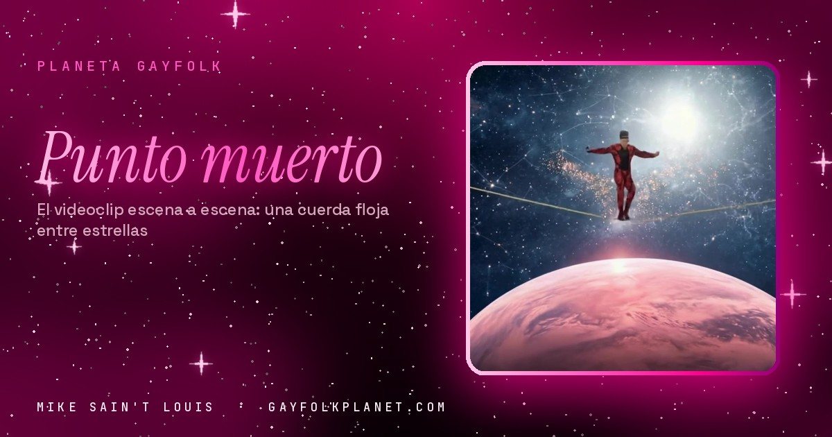 Fotograma de «Punto muerto»: una figura diminuta con traje rojo camina por una cuerda floja tendida en el espacio, encima de una esfera rosada y junto a una estrella muy luminosa