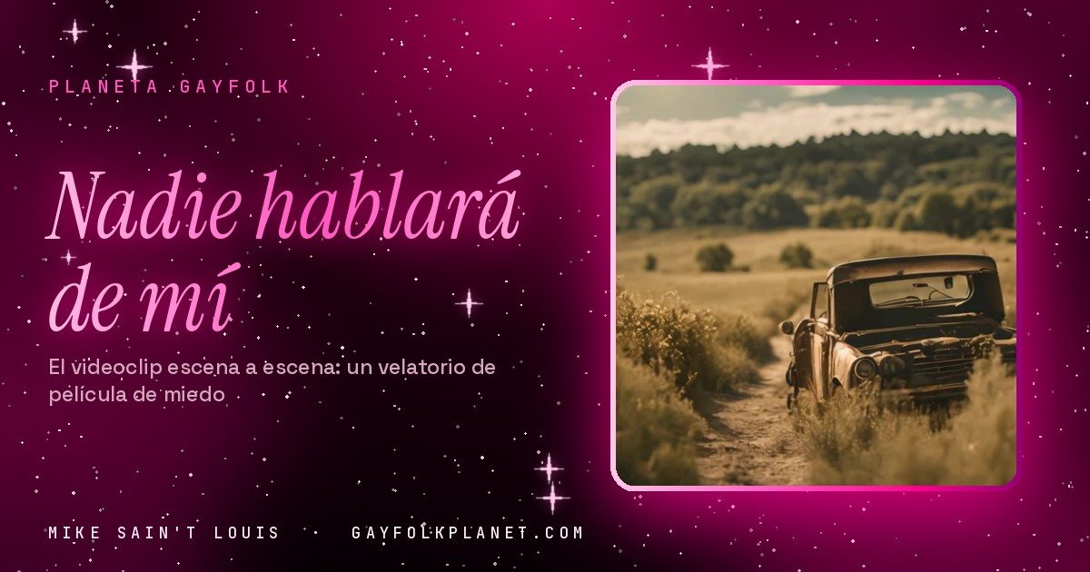 Fotograma de «Nadie hablará de mí cuando haya muerto»: un coche antiguo y oxidado, abandonado entre la hierba alta de un campo dorado, con un bosque al fondo