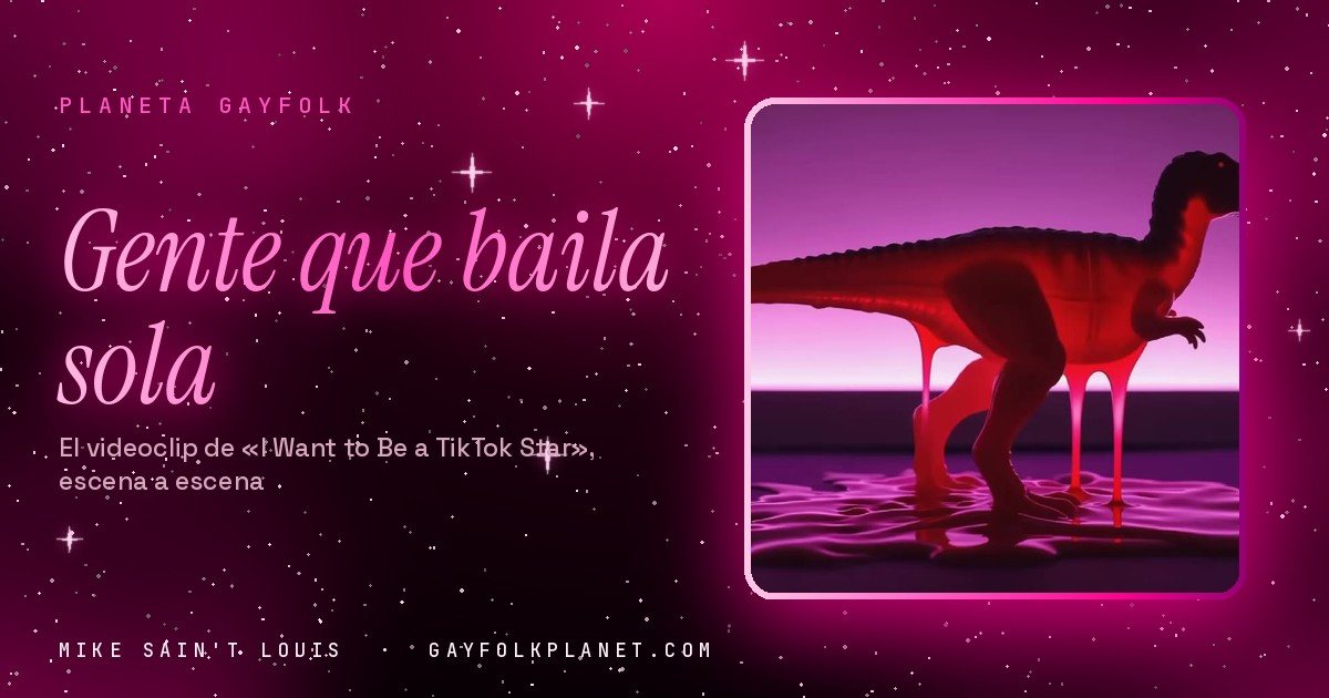 Fotograma del videoclip de «I Want to Be a TikTok Star»: la silueta de un dinosaurio rojo, de perfil y con la boca abierta, de pie sobre un agua que refleja una luz magenta
