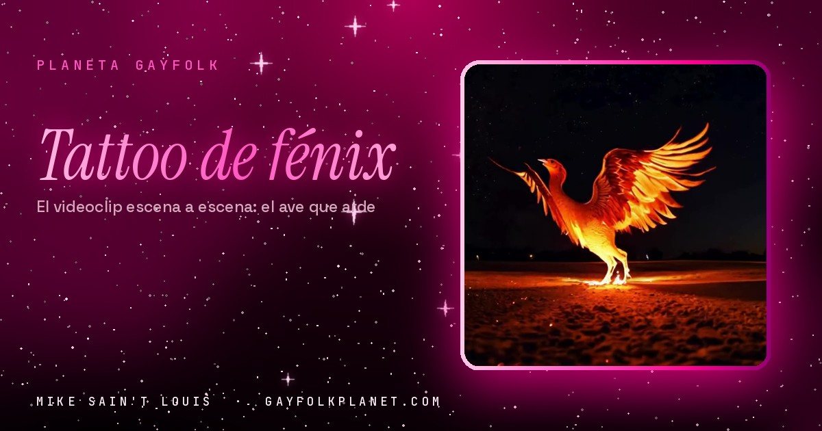 Fotograma de «Tattoo de fénix»: un ave de fuego naranja y amarilla vuela a ras de una llanura oscura de noche, soltando chispas por las puntas de las alas