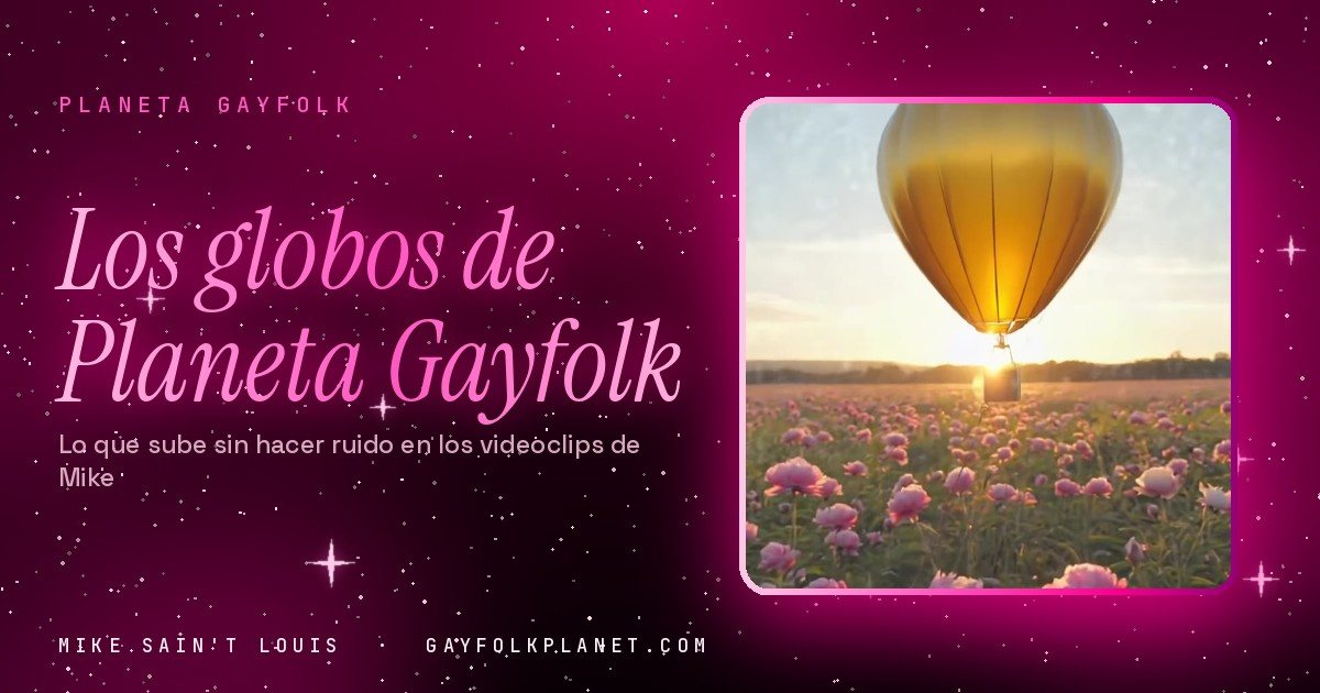 Fotograma de «Lai»: un globo aerostático dorado flota a poca altura sobre un campo de flores rosas, con el sol detrás y un cielo claro de atardecer