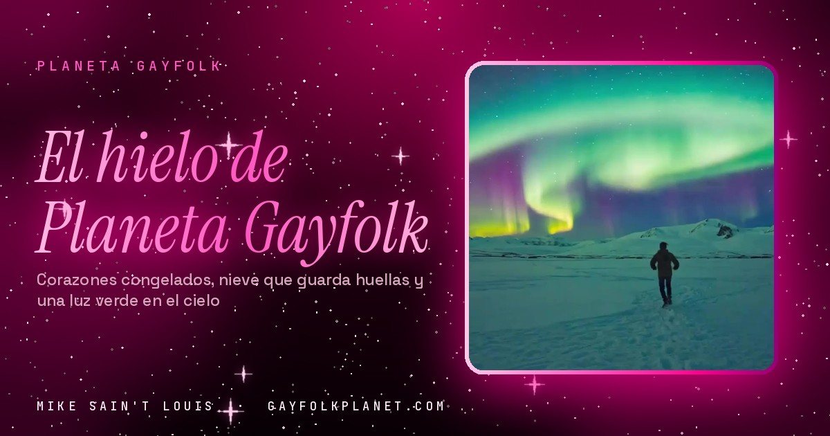 Fotograma de «The Northern Lights»: una llanura nevada de noche bajo una aurora boreal verde y violeta que se enrosca en el cielo, con una figura diminuta que camina sola sobre la nieve