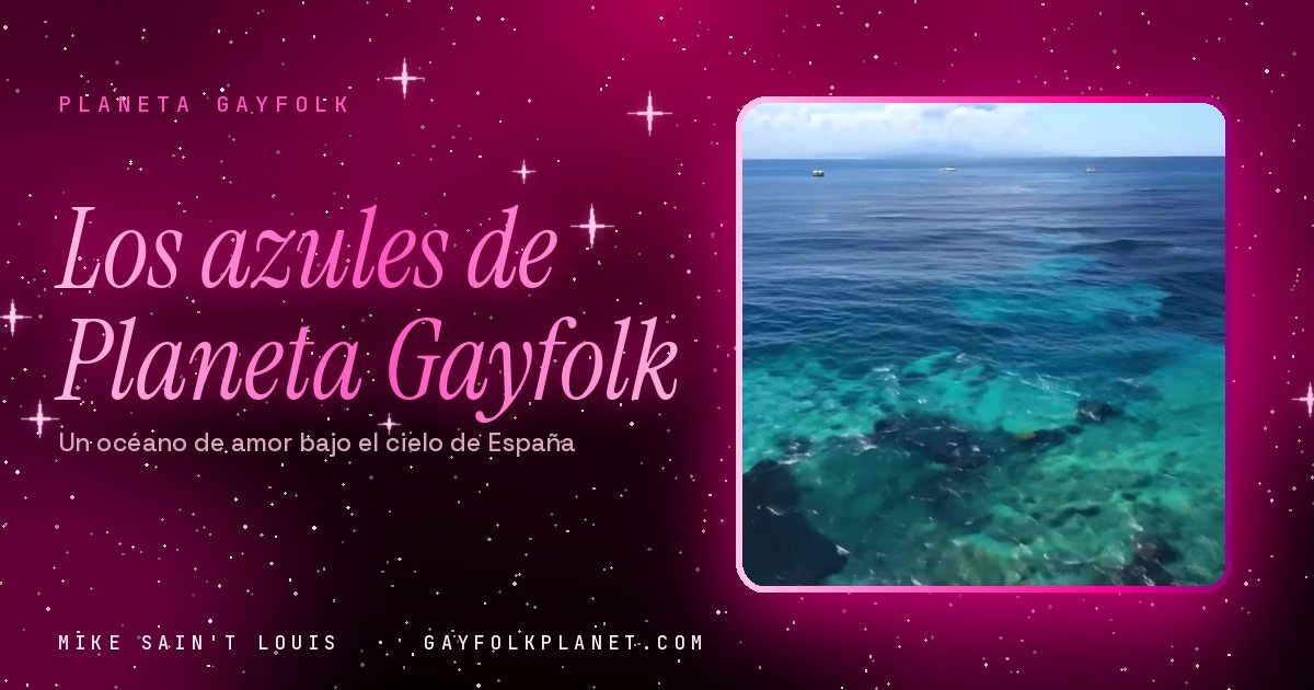 Fotograma de «Madrid to Benidorm»: un mar turquesa visto desde el aire, con rocas oscuras bajo el agua transparente y franjas de azul profundo hacia el horizonte
