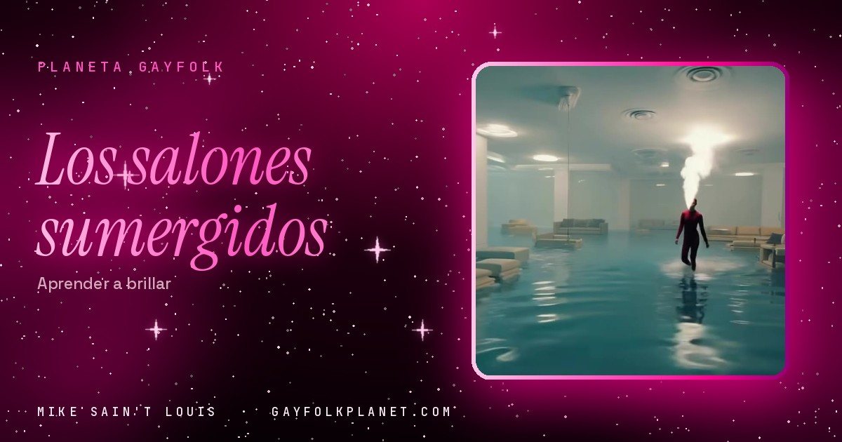 Fotograma de «Tangled Light»: un amplio salón de techos altos con columnas, sofás y mesas inundado de agua turquesa, con una pequeña figura de pie al fondo bajo una columna de vapor blanco