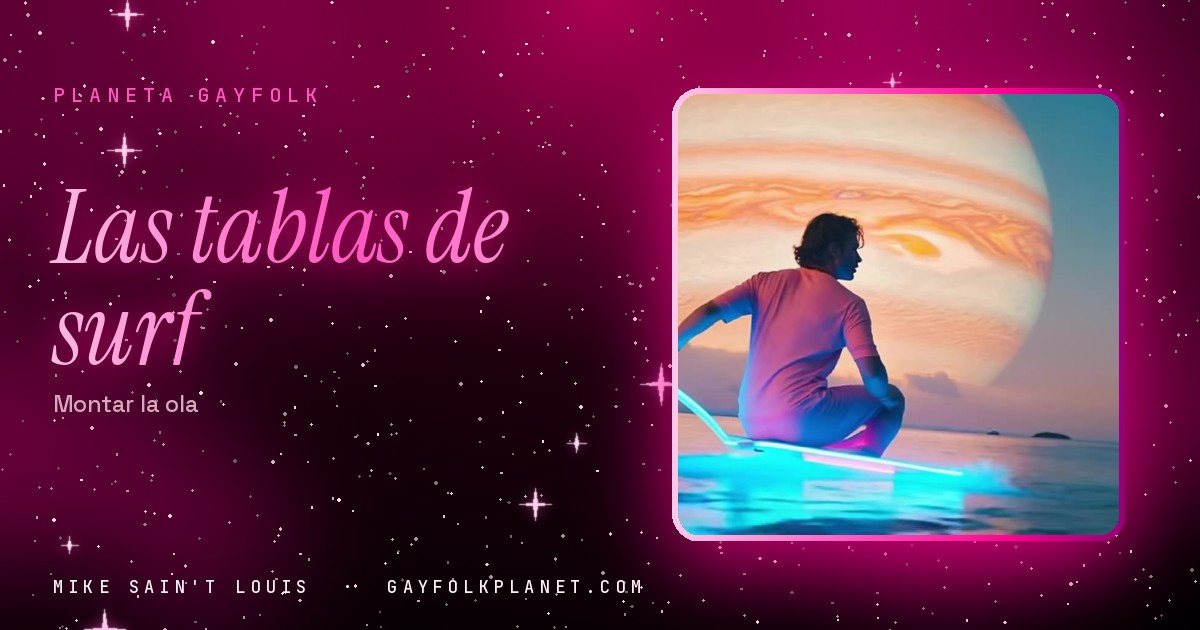 Fotograma de «Ride the Wave»: un surfista de espaldas, agachado sobre una tabla con bordes de neón azul, se desliza hacia un enorme planeta anaranjado y rosado que ocupa el horizonte
