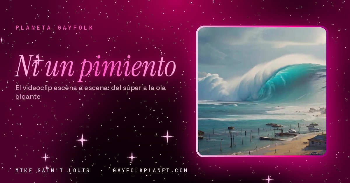 Fotograma del videoclip de «Ni un pimiento»: una ola turquesa gigantesca a punto de romper sobre una playa con palmeras y casas bajas, bajo un cielo de nubes grises