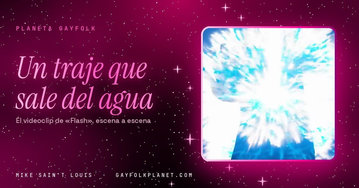 Fotograma del videoclip de «Flash»: una explosión de luz azul y blanca que llena la pantalla, con rayos que salen del centro hacia los bordes