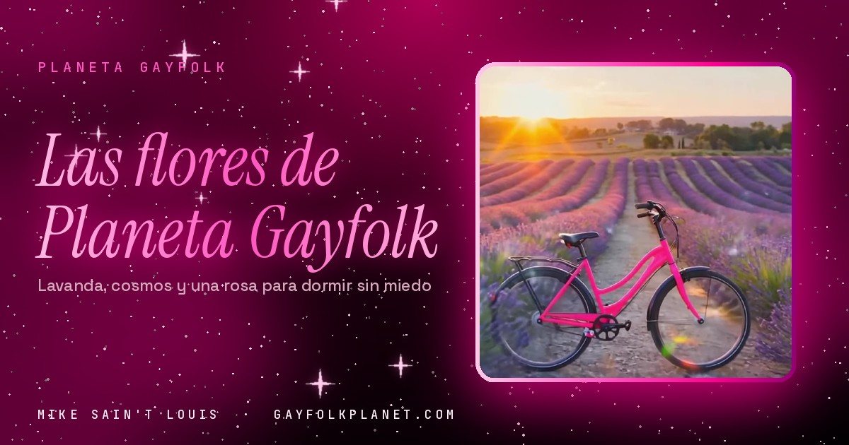 Fotograma de «Lai»: una bicicleta rosa aparcada en un camino de tierra entre hileras de lavanda morada, con el sol saliendo sobre los árboles del horizonte