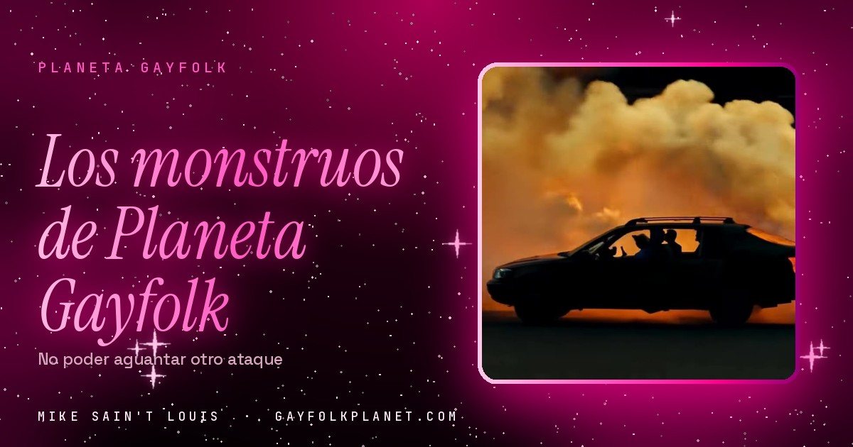 Fotograma de «Otro bombardeo»: la silueta negra de un coche detenido ante una pared de humo y llamas anaranjadas