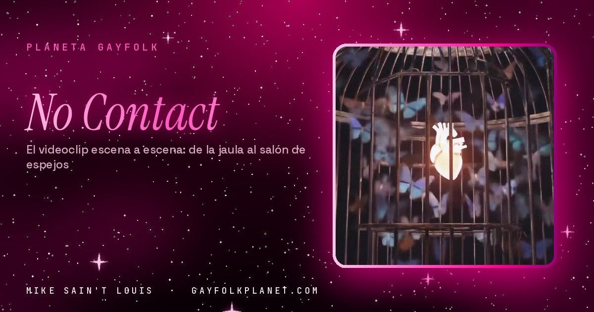 Fotograma de «No Contact»: un corazón luminoso dentro de una jaula dorada, rodeado de mariposas azules y lilas en la oscuridad
