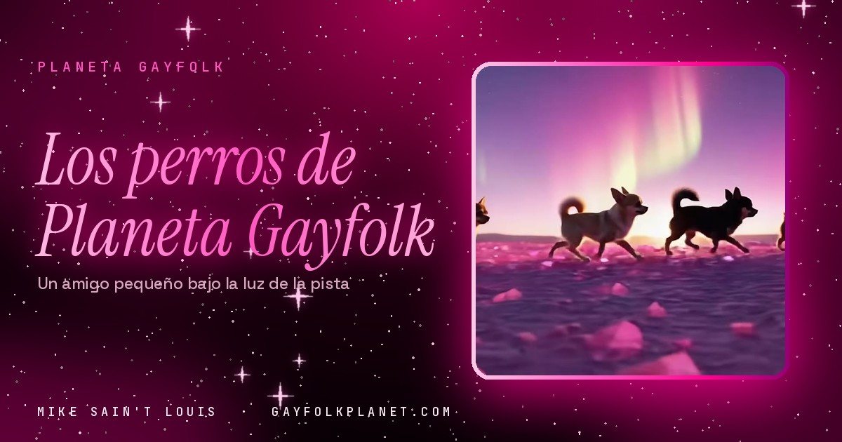 Fotograma de «Chihuahua»: una fila de perros pequeños corre sobre un suelo rosado y violeta bajo una aurora verde y fucsia