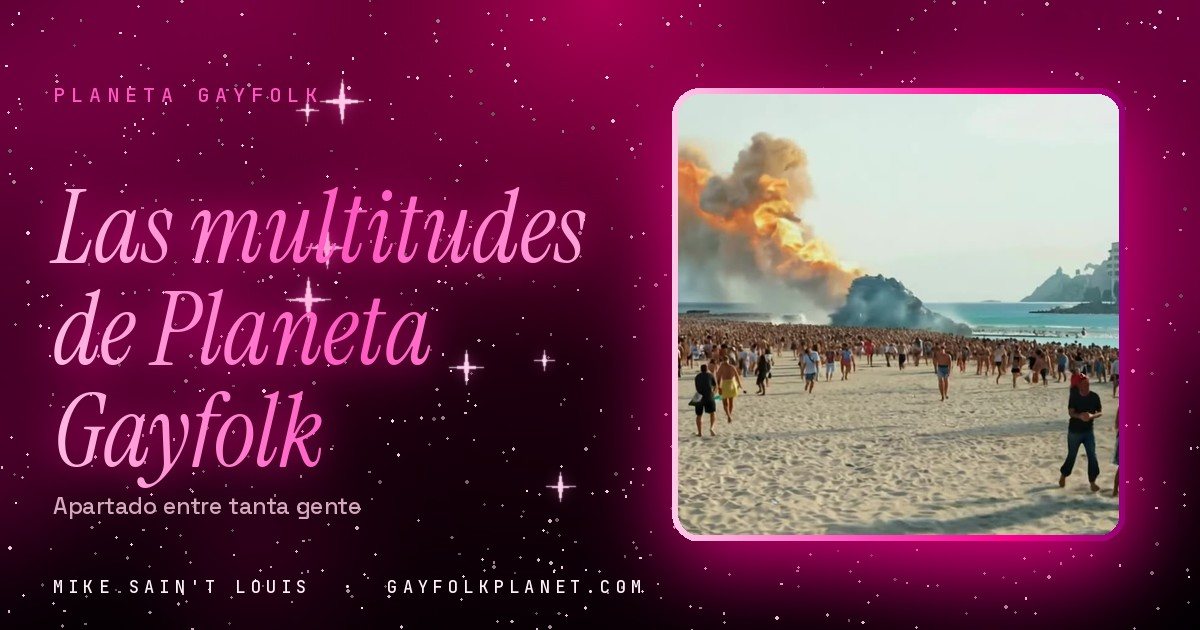 Fotograma de «Otro bombardeo»: una playa llena de gente diminuta que se aleja de la orilla mientras una columna de humo anaranjado se levanta tras los rascacielos de la costa