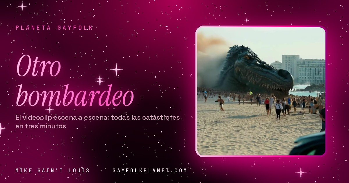 Fotograma de «Otro bombardeo»: una multitud corre por una playa mientras una criatura gigantesca con cabeza de reptil asoma del mar entre humo naranja, con edificios blancos al fondo