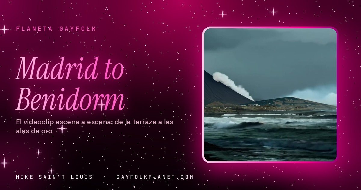 Fotograma del videoclip de «Madrid to Benidorm»: un volcán oscuro en forma de cono que suelta una columna de humo sobre una costa de roca negra, con el mar gris rompiendo delante