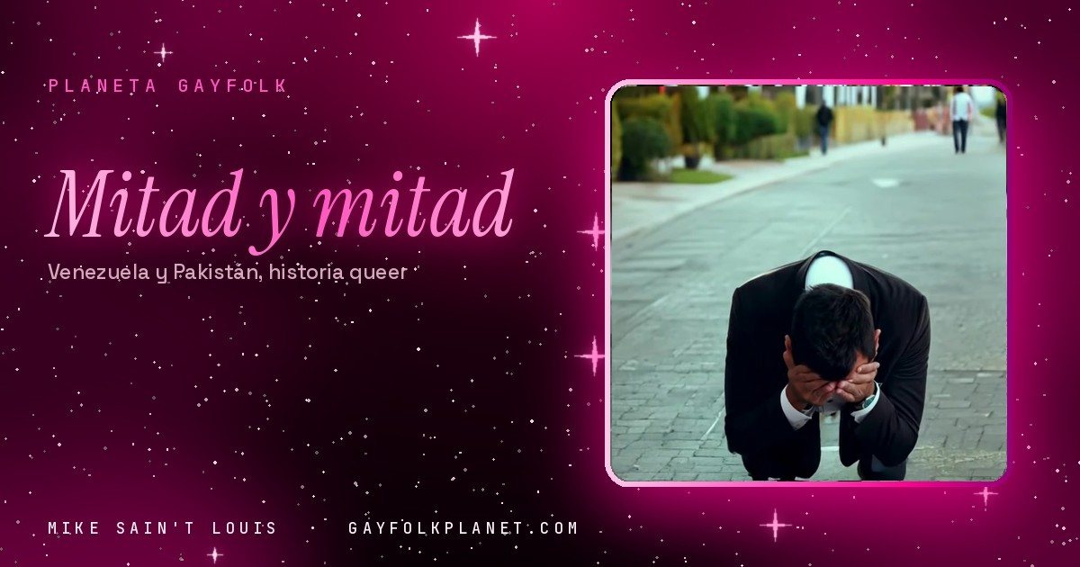 Fotograma del videoclip de «Mitad Venezuela, mitad Pakistán», de Mike Sain't Louis, con un hombre de traje agachado en mitad de una calle, en la portada de «Mitad y mitad»