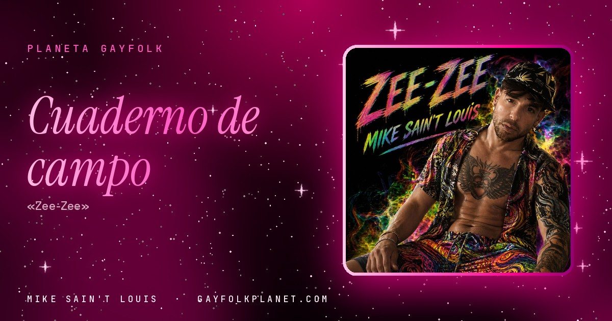 Portada de «Zee-Zee», canción de Mike Sain't Louis: sobre un fondo negro con humo de colores del arcoíris, un chico con gorra estampada, barba corta y camisa psicodélica abierta, sentado y mirando a cámara, con un corazón con alas tatuado en el pecho; el título gotea pintura de colores