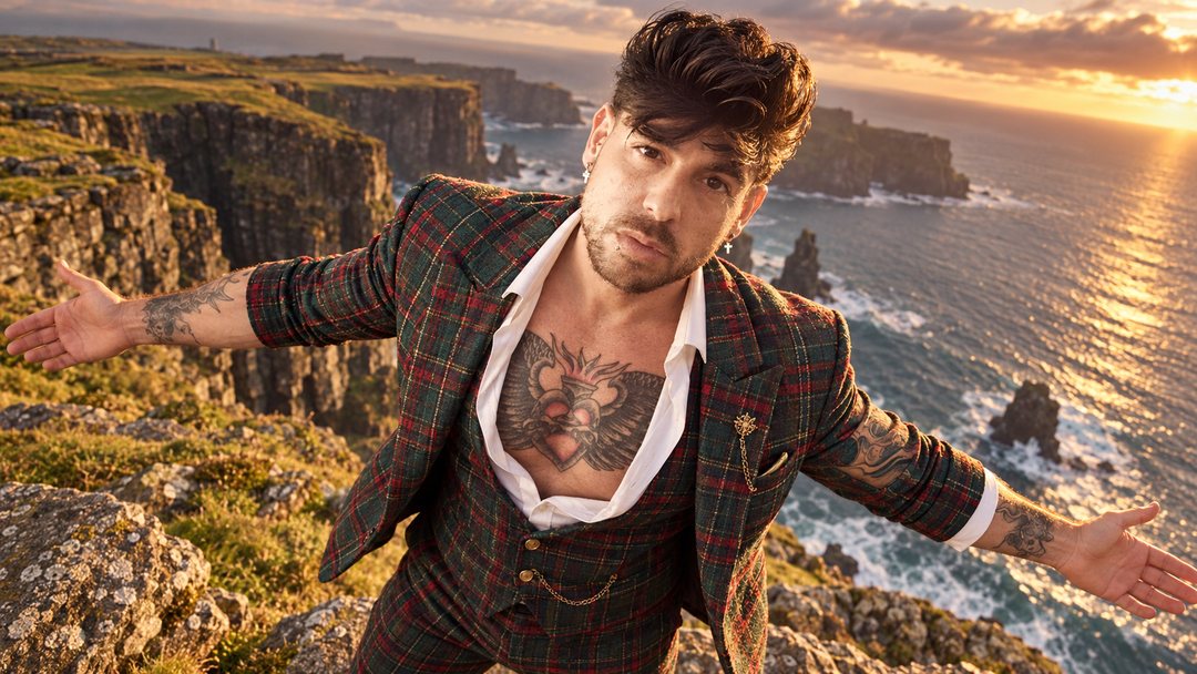 Mike Sain't Louis con traje de cuadros escoceses y chaleco con los brazos abiertos en lo alto de un acantilado sobre el mar al atardecer — retrato Tupé Grease PLANETA GAYFOLK.