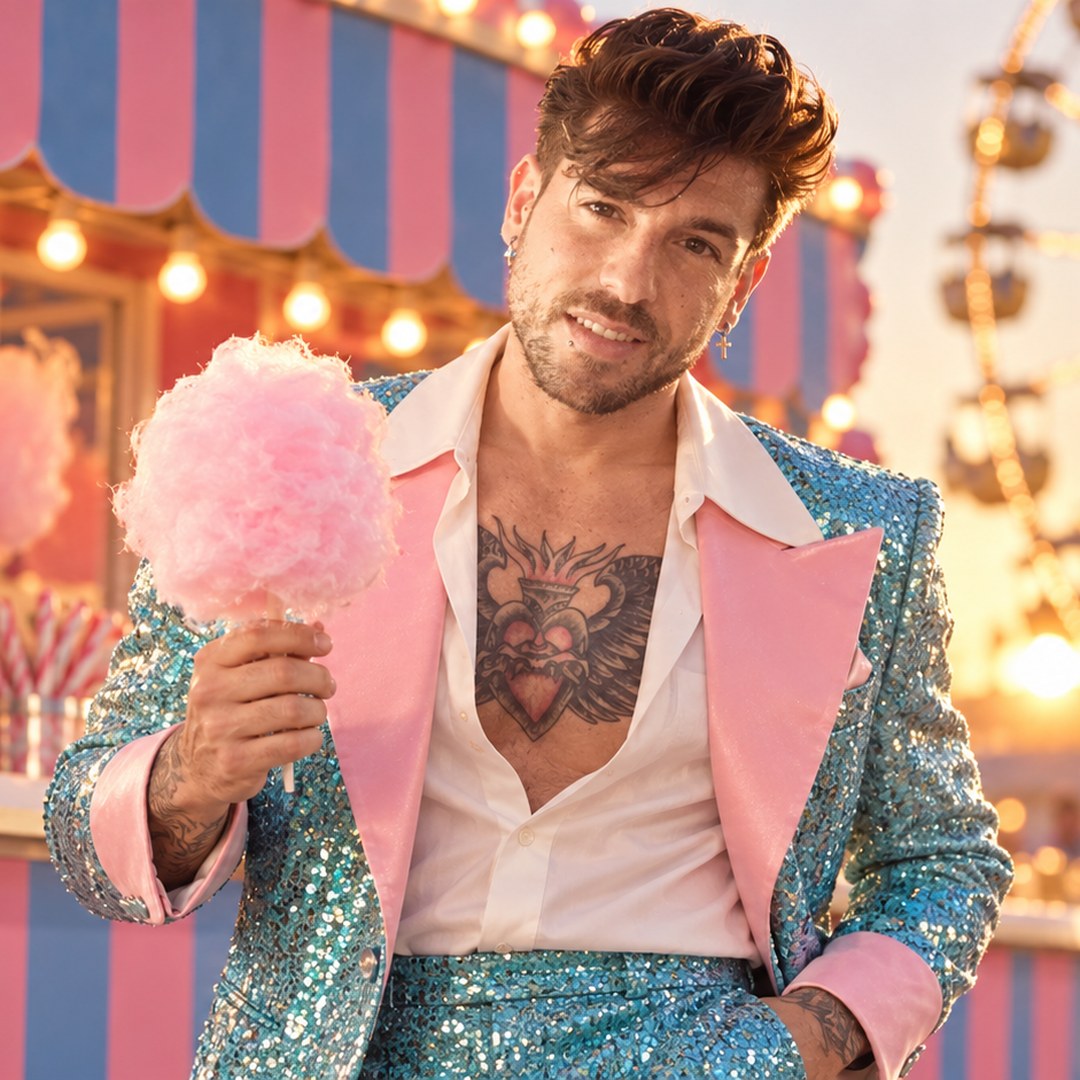 Mike Sain't Louis con traje de lentejuelas turquesa y solapas rosas sujetando un algodón de azúcar en una feria — foto PLANETA GAYFOLK.