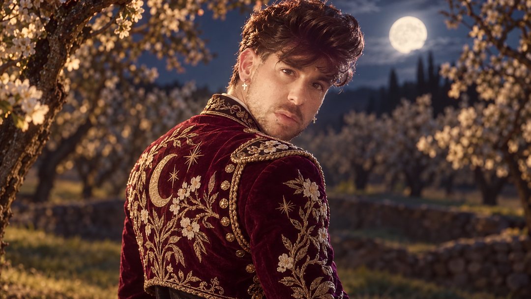 Mike Sain't Louis con chaqueta de terciopelo granate bordada en oro entre almendros en flor bajo la luna llena — retrato Tupé Grease PLANETA GAYFOLK.