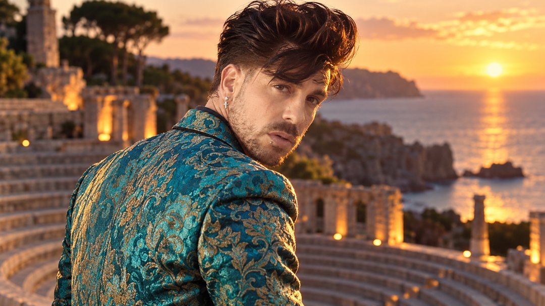 Mike Sain't Louis con chaqueta de brocado turquesa en las gradas de un anfiteatro antiguo frente al mar al atardecer — retrato Tupé Grease PLANETA GAYFOLK.