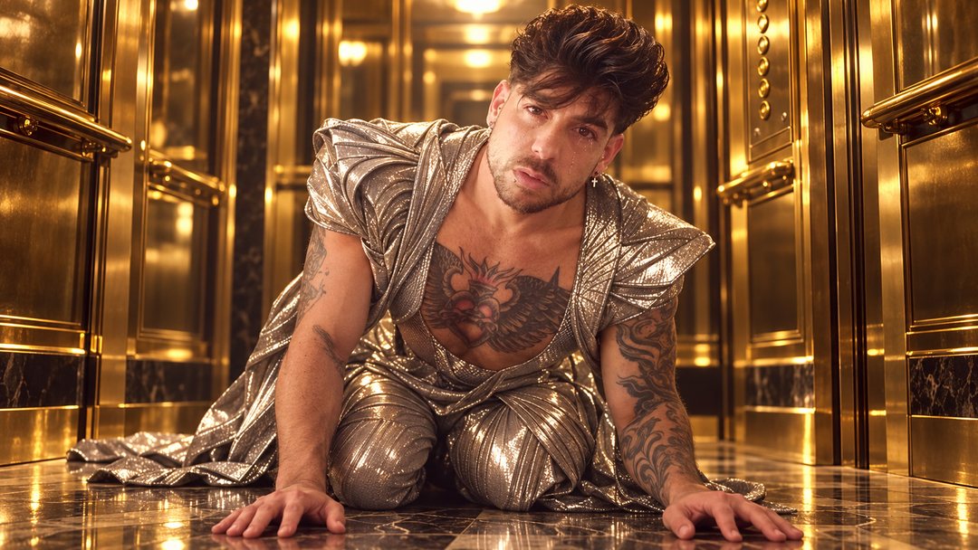Mike Sain't Louis con traje plateado metalizado agachado en el suelo de un ascensor de paredes doradas — retrato Tupé Grease PLANETA GAYFOLK.