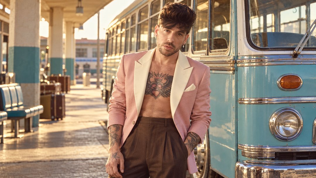 Mike Sain't Louis con americana rosa y pantalón marrón junto a un autobús clásico azul claro — foto retro PLANETA GAYFOLK.