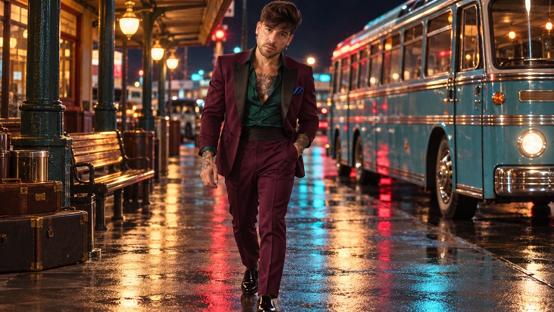 Mike Sain't Louis con traje burdeos caminando de noche junto a un autobús clásico azul — foto retro PLANETA GAYFOLK.