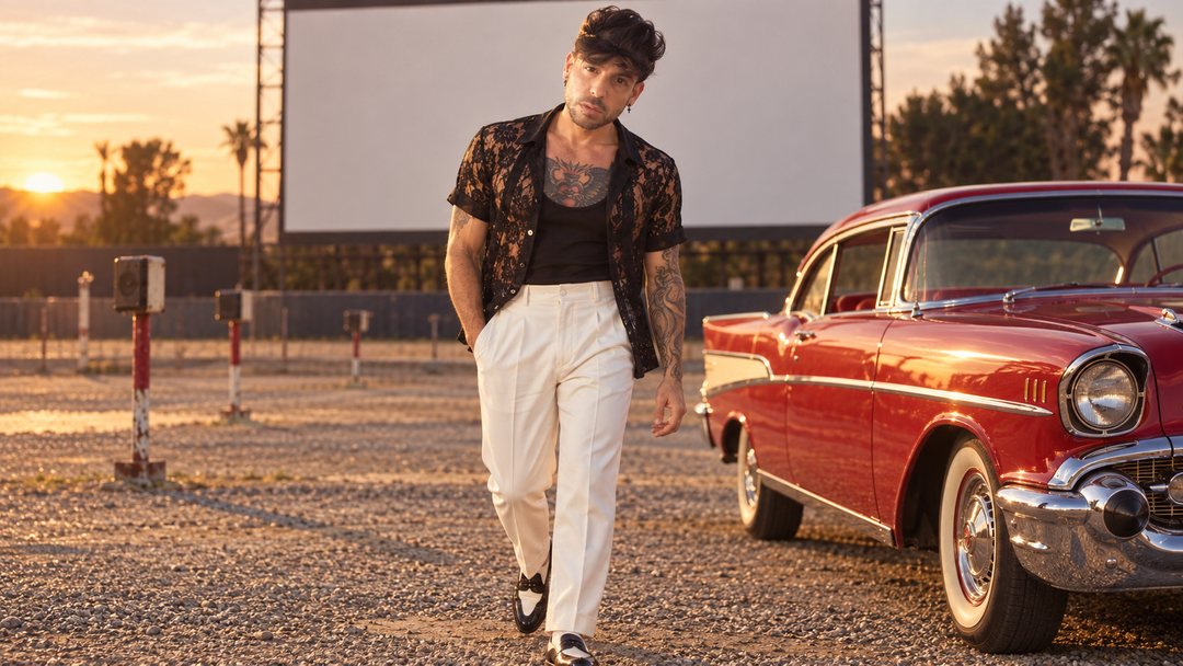 Mike Sain't Louis con camisa estampada oscura y pantalón blanco en un autocine junto a un coche clásico rojo — foto retro PLANETA GAYFOLK.