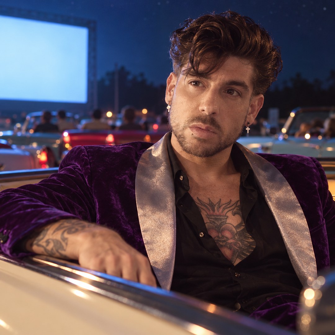 Mike Sain't Louis con chaqueta de terciopelo morado en un descapotable blanco en un autocine — foto PLANETA GAYFOLK.