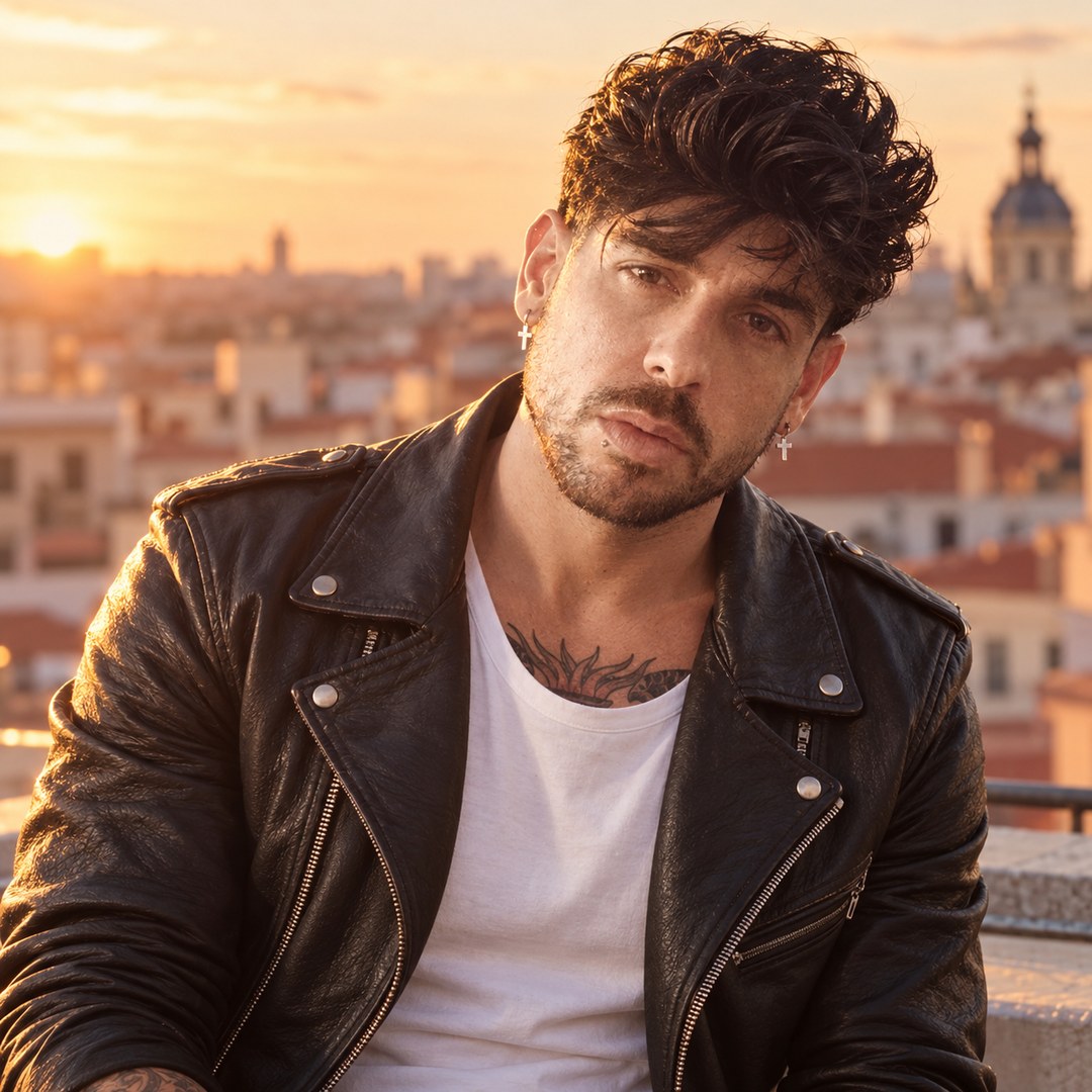 Mike Sain't Louis con cazadora de cuero negra y camiseta blanca en una azotea sobre una ciudad antigua al atardecer — foto PLANETA GAYFOLK.