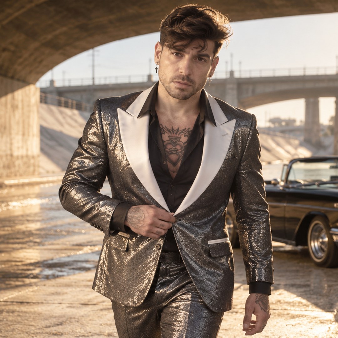 Mike Sain't Louis con traje metalizado plateado bajo un puente de hormigón junto a un coche clásico negro — foto PLANETA GAYFOLK.